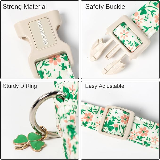 DOGWONG St Patrick's Dog Collar, Green Clover Pet Collar Cotton Flower Shamrock Pet Collar Cute Puppy Collar Adjustable Pet Dog Collars for Small Dogs,S