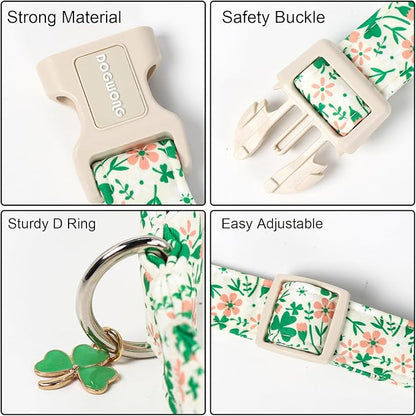 DOGWONG St Patrick's Dog Collar, Green Clover Pet Collar Cotton Flower Shamrock Pet Collar Cute Puppy Collar Adjustable Pet Dog Collars for Large Dogs,XL