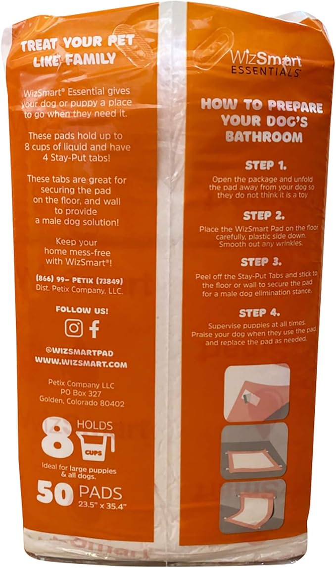 WizSmart Essentials Pads XL – Extra Large Dog Pads 23.5" x 35.4", Disposable Absorbent Pads for Large Dogs, Puppies, Senior Dogs, Incontinence, Urine, Water, Potty Training, Home, Travel - 50 Count