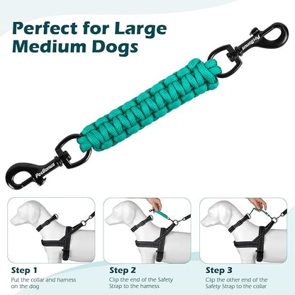 PetBonus Dog Collar Safety Clip, Handmade Backup Safety Strap for Dog Harness, Prong, Pinch Collar, Double Ended Clasp Leash Connector (Turquoise)