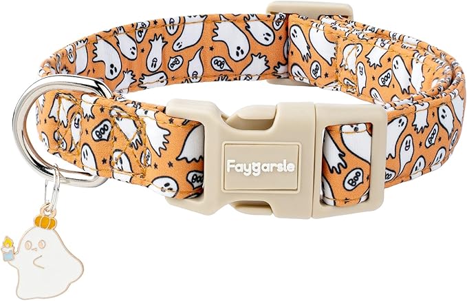 Faygarsle Halloween Ghost Pattern Dog Collar with Charm, Orange and White,for Small Medium Large Dogs M
