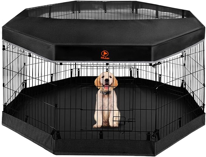 PJYuCien Dog Playpen - Metal Foldable Dog Exercise Pen, Pet Fence Puppy Crate Kennel Indoor Outdoor with 8 Panels 24”H & Top Cover and Bottom Pad for Small Medium Pets