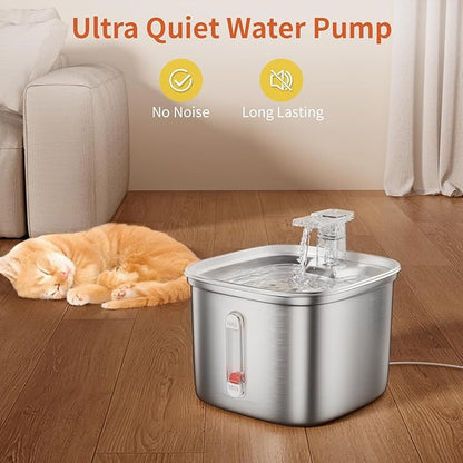 Cat Water Fountain, 74.4oz/2.2L Stainless Steel Cat Fountain for Drinking with Waterfall Effluent, Silent Pet Drinking Dispenser with Float Water Level for Small Animal