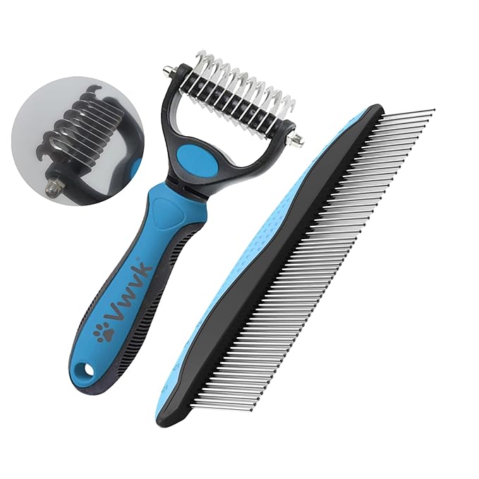 Pet Grooming Combo - Blue Deshedding Brush with Metal Comb, Professional Detangling & Dematting Tool for Long/Matted Fur on Cats and Dogs