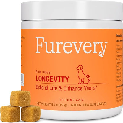 Longevity Dog Multivitamin 11-in-1 Daily Chews Chicken Flavored with Flaxseed, 60 Count, Supports Hip and Joint Health, Immune System, Skin and Coat, Heart Health, Energy and Vitality