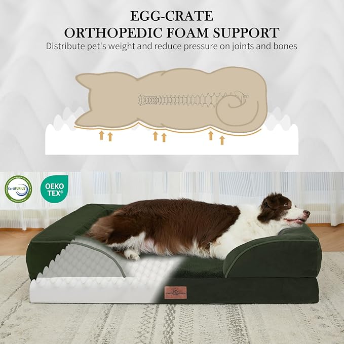 Comfort Expression Orthopedic Dog Bed for Extra Large Dogs 42x30 Inch, Waterproof Egg Crate Foam XL Pet Bed with Removable Bolsters, Dog Couch with Washable Cover & Non-Slip Bottom, Olive Green