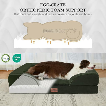 Comfort Expression Orthopedic Dog Bed for Extra Large Dogs 42x30 Inch, Waterproof Egg Crate Foam XL Pet Bed with Removable Bolsters, Dog Couch with Washable Cover & Non-Slip Bottom, Olive Green