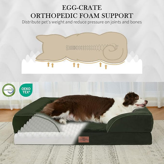 Comfort Expression Orthopedic Dog Bed for Extra Large Dogs 45x35 Inch, Waterproof Egg Crate Foam XL Pet Bed with Removable Bolsters, Dog Couch with Washable Cover & Non-Slip Bottom, Olive Green