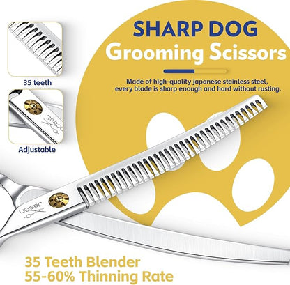 JASON Dog Shears for Grooming - 7" Up-curved Thinning Scissors with 55%-60% Thinning Rate, Japanese 440C Stainless Steel Dog Grooming Blenders with Adjustable Screw (35 Teeth, Silver) Christmas Gift