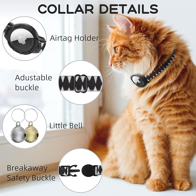 AirTag Cat Collars, Stretchy Collar with Apple AirTag Holder and Bell, Breakaway Ultra Design Elastic GPS Tracking Collars for Cats and Puppies, (7.5-12.5 Inch), Shark Pattern
