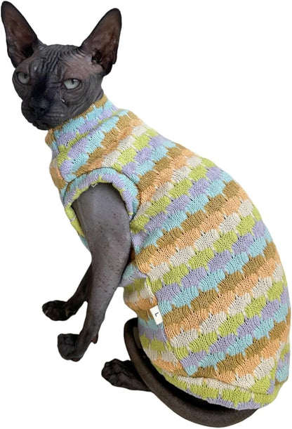 Sphynx Cat Clothes Hairless Cat Vest Elastic Cat Sweater Outfit, Pet Clothes for Sphynx Cat Coat for Cats and Small Dogs Apparel, Hairless cat Shirts Sweaters (Cyan Chestnut, Small)