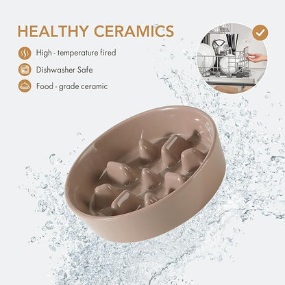 Ceramic 1.2 Cup Dog Raised Slow Feeder Set, Elevated Bowl with Wooden Stand for Medium and Small Dog, 7.3inch Slow Feeder Dish for Fast Easters(Brown Coffee, Single Bowl+ Stand)
