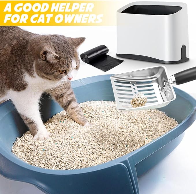 Cat Litter Scooper with Holder, Stainless Steel Cat Litter Scoop, Kitty Poop Scooper Stand for Litter Box, Cat Caddy for Litter Scoop, Fast Sifting Kitty Poop Scooper Caddy Poop Scooper Stand