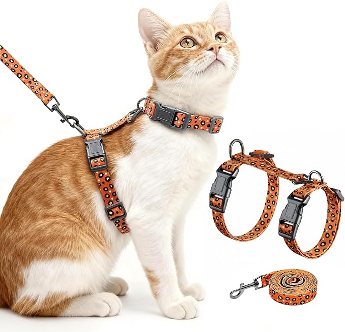 Halypet Cat Harness and Leash Set, Escape Proof 3-in-1 Adjustable Harness for Cats & Kitten, Soft Lightweight, Easy On & Control for Walking, Travel & Outdoor Use, Vibrant Leopard Orange, Medium