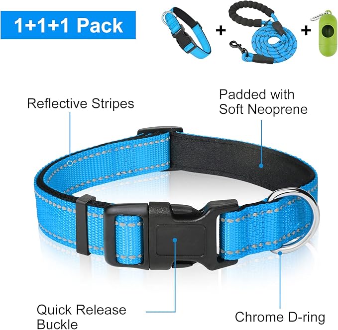 Dynmeow Reflective Dog Collar and Leash Set, 6FT Strong Climbing Rope Leash with Padded Handle, Adjustable Pet Collar with Soft Neoprene Padding for Small Medium Dogs, Blue, S