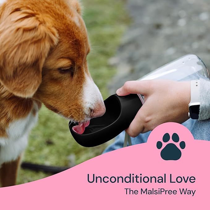 MalsiPree Dog Water Bottle - 19 Oz, Black, BPA-Free - Portable & Lightweight Water Dispenser with Bowl for Dogs - Leak-Proof & No-Waste Design for Travel