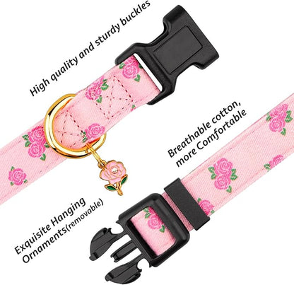 Cotton Handmade Dog Collar Cute and Distinctive Patterns Pink Rose with Pendant for Girl Boy Dogs Collars S