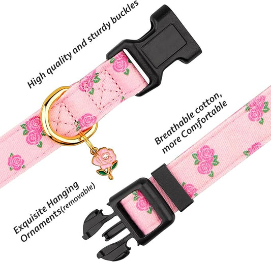 Cotton Handmade Dog Collar Cute and Distinctive Patterns Pink Rose with Pendant for Girl Boy Dogs Collars L