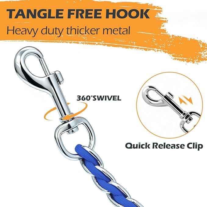 Chew Proof Metal Leash Chain Dog Leash for Medium Large Dogs, Chain Link Anti Chew 4FT Strong Anti Bite Comfortable Soft Padded Handle Blue