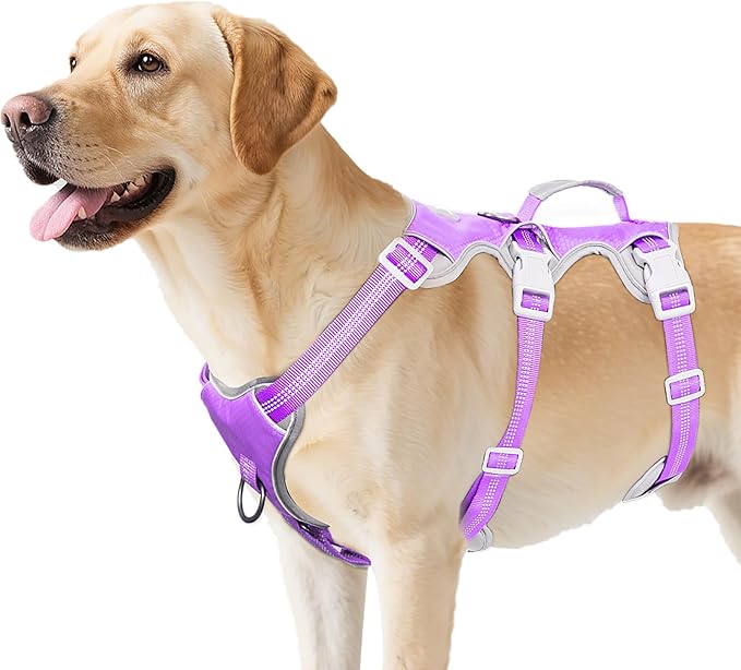 Huntboo Escape Proof Dog Harness, Escape Artist Harness, Reflective Harness with Padded Handle, Breathable, Adjustable Vest for Medium Dogs Walking, Training, and Running Gear (Lavender Purple, L)