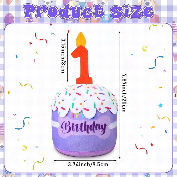 Dog 1st Birthday Cake Toy Accessories for Girl Boy Gifts, Purple Squeaky Plush Toy for Dog Birthday Party Decor Favor for Large, Medium and Small Dogs