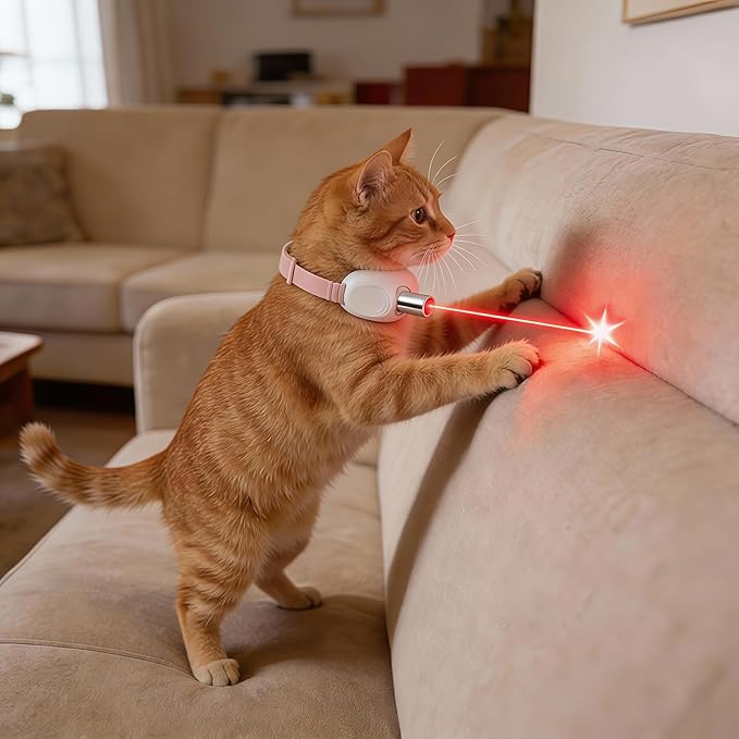 Walfront Cat Toys, Interactive Pink Light-Up Collar with Automatic Chasing, USB Rechargeable Adjustable Fit 9.1–13.4in, Indoor Play for Kittens & Adult Cats, Fun Exercise & Boredom Relief