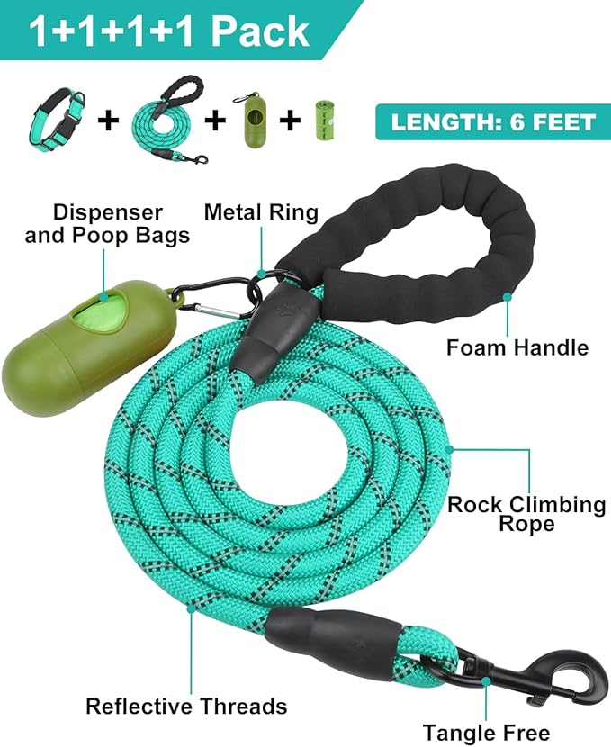 Dynmeow Reflective Dog Collar and Leash Set, 6FT Strong Climbing Rope Leash with Padded Handle, Adjustable Pet Collar with Soft Neoprene Padding for Medium Large Dogs, Teal, M