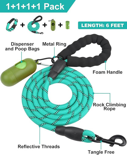Dynmeow Reflective Dog Collar and Leash Set, 6FT Strong Climbing Rope Leash with Padded Handle, Adjustable Pet Collar with Soft Neoprene Padding for Large Dogs, Teal, L