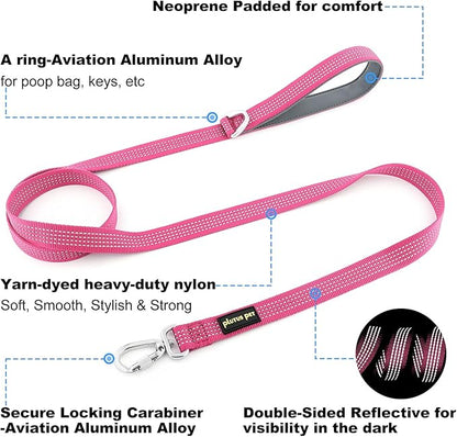 Plutus Pet Heavy Duty Dog Leash with Lockable Aluminum Carabiner, 4/6 Feet Long, Double-Sided Reflective Nylon, Padded Handle, for Puppy, Small, Medium and Large Dogs (Pink, 4/5" x 6')