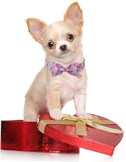 UP URARA PUP Valentine’s Day Dog Collar with Bow Tie, Pink Heart Bowtie Collar with Metal Buckle, Valentine’s Day Gift Pet Collar for Puppy Girl Boy Dog or Cat, Wedding Dog Collar, XS, Neck 8-12in