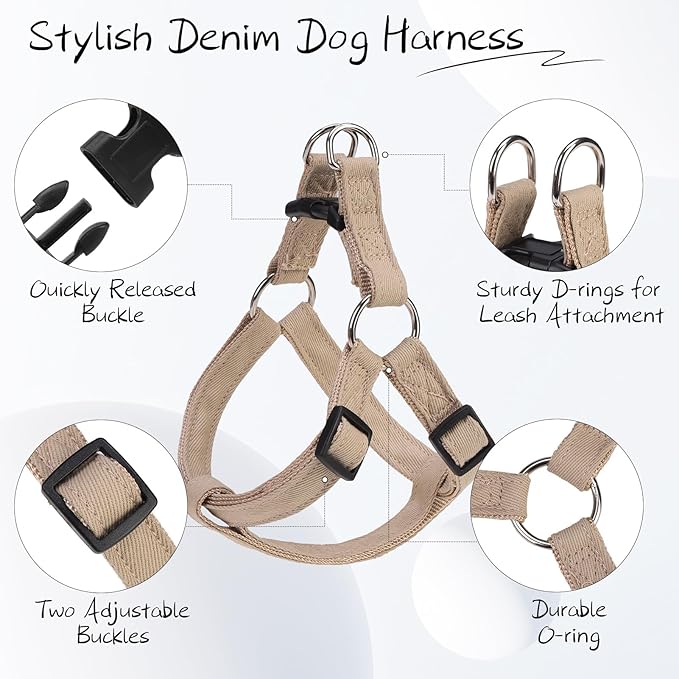 BINGPET Denim Step-in Dog Harness,No Pull Escape-Proof Dog Harness and Leash Set,Adjustable Quick Fit Dog Halter Vests for Small Medium Size Dogs Back Clip Anti-Twist for Easy Walking Training Running