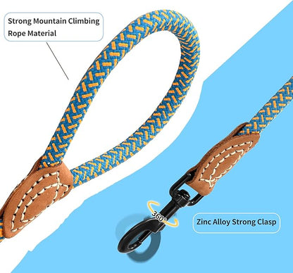 Mile High Life Rope Leash with Genuine Leather Connection, 6 FT/5 FT/4 FT, Heavy Duty Dog Leash for Medium & Large Dogs (Peacock Blue, 48 Inch)