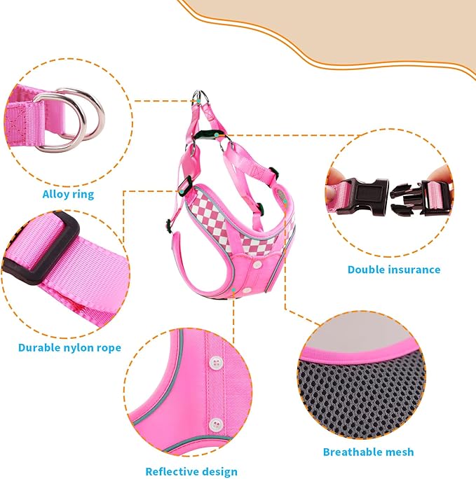 Dog Harness with Leash Set, No Pull Reflective Strips Adjustable Step in Collars with Breathable Padded Vest Harness for Large Dogs Training and Running (L Pink)