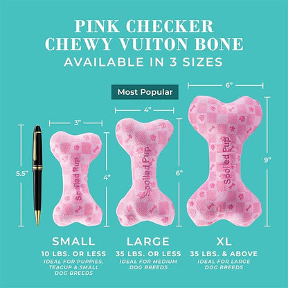 Haute Diggity Dog Pink Checker Chewy Vuiton Bone, Plush Designer Dog Toys with Interactive Squeaker, Stimulating Pet Enrichment, Machine-Washable & Safe Materials for All Breeds, Size Large