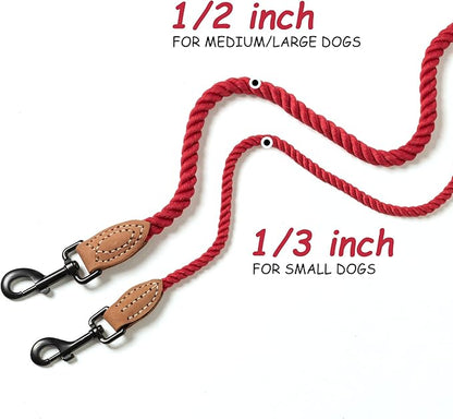 Mile High Life Dog Leash, Braided Cotton Rope Leashes with Leather Tip - Heavy Duty Metal Clasp, 5FT, 1/3" Thick - Wedding, Walking Leash for Small Medium Puppy(Red)