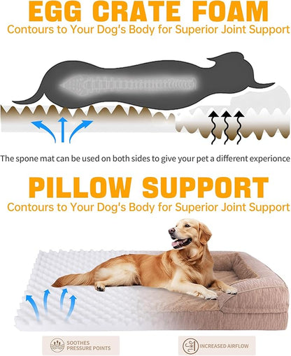 Orthopedic Dog Bed for Extra Large Dogs, 42x30 Inch Waterproof Egg Crate Memory Foam Dogs Bed with Detachable Top, Dog Couch with Zipper Washable Cover, Nonslip Bottom for Living Room, Brown