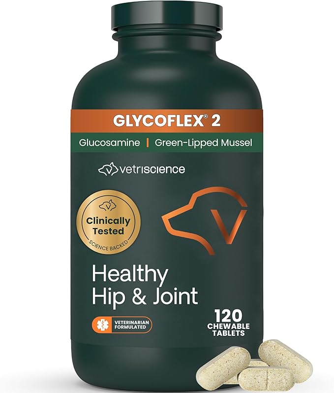 VetriScience Healthy Hip & Joint Chewable Tablets, GlycoFlex Glucosamine and Green-Lipped Mussel Joint Support Supplement for Dogs, Promote Mobility and Protect Joints, Chicken, 120 Count