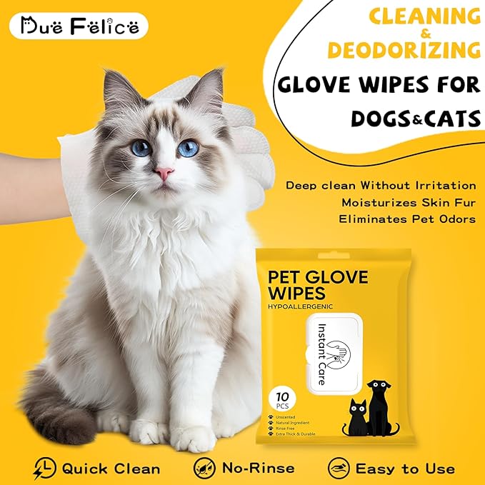 Pet Glove Wipes for Dogs Cats - Unscent Dog Washing Wipes & Waterless Cat Bathing Gloves Cleaning Deodorizing Grooming Wipe for Fur Paws Butt Face, Disposable Rinse Free Shampoo Mittens,20PCS