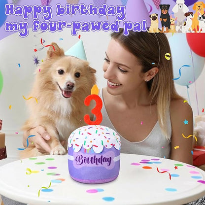 Dog 3rd Birthday Cake Toy Accessories for Girl Boy Gifts, Purple Squeaky Plush Toy for Dog Birthday Party Decor Favor for Large, Medium and Small Dogs