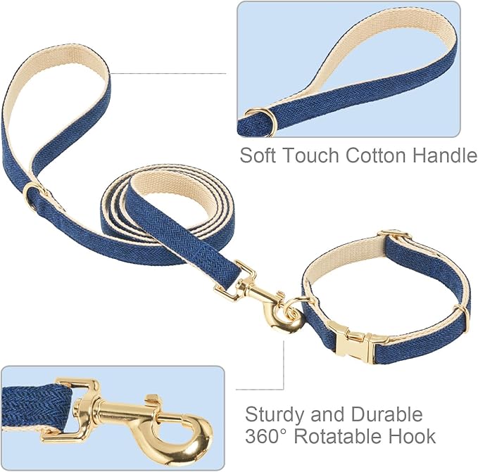 Ewinoom Soft Hemp Dog Collar and Leash Set Adjustable Woven Tweed Dog Collars with Metal Buckle and Lead for Small Medium Large Dogs,Royal Blue