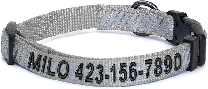 Pawtitas Reflective Dog Collar Reflective Thread Reflective Dog Collar Personalized Name Phone Number Adjustable Collar for Small Dogs Small Puppy Grey Dog Collar Extra Small Breeds