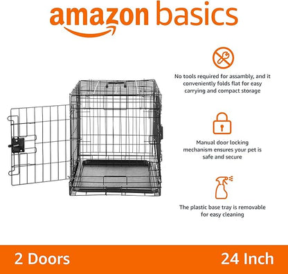 Amazon Basics - Durable,Foldable Metal Wire Dog Crate with Tray, Double Door, Divider, 24 x 18 x 20 in, Black