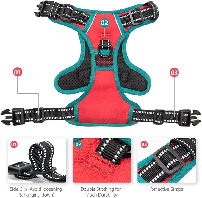 PHOEPET 2019 Reflective Dog Harness Large Breed Adjustable No Pull Vest with with Handle 2 Metal Rings 3 Buckles [Easy to Put on & Take Off](XL, Red)