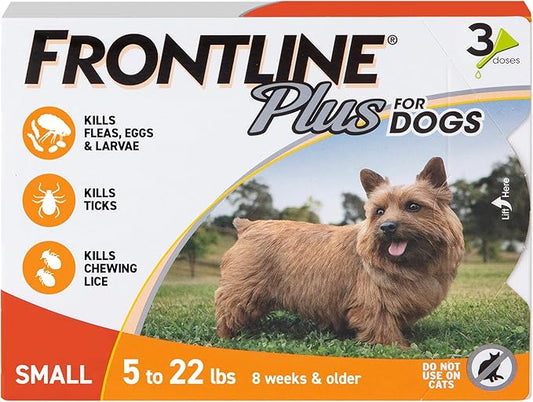 FRONTLINE Plus Flea and Tick Treatment for Small Dogs Upto 5 to 22 lbs. 3 Treatments