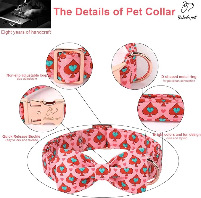 Valentines Dog Collar with Bow Tie - Spade Heart Pattern Pink Bowtie Dog Collar Adjustable Heavy Duty Valentines Dog Collars for Small Medium Large Dogs XS