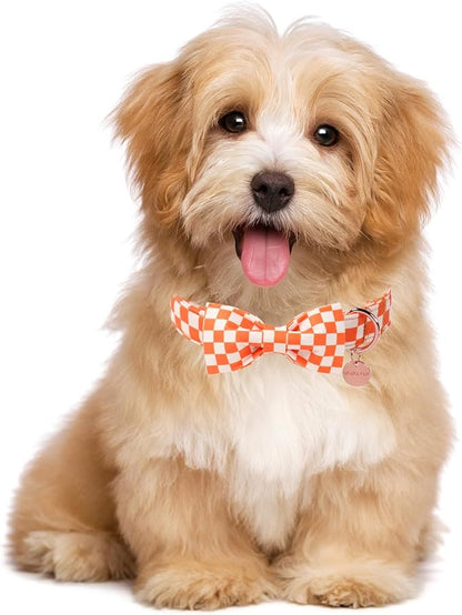 Fall Dog Collar with Bow Tie, Orange Plaid Bowtie Dog Collar, Autumn Bowtie Collars for Puppy Boy Girl Dogs, Comfortable Cotton Dogs Collars with Metal Buckle