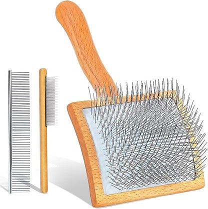 Slicker Brush for Dogs, Dog Grooming Supplies Long Pin Large Doodle Brush for Goldendoodles Poodles Bernedoodles, 3 Pcs Grooming Tools with Wooden Handle for Mats Tangles - Wood