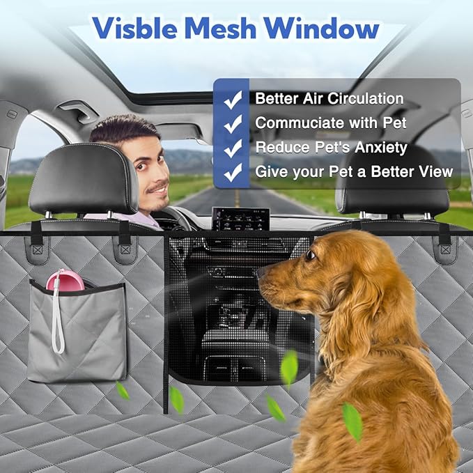 Kytely Dog Car Seat Cover for Back Seat,Waterproof Hammock with Mesh Window, Anti-Scratch Nonslip Car Seat Protector for Dogs, 600D Heavy Duty Dog Seat Cover for Cars Trucks and Suvs Gray