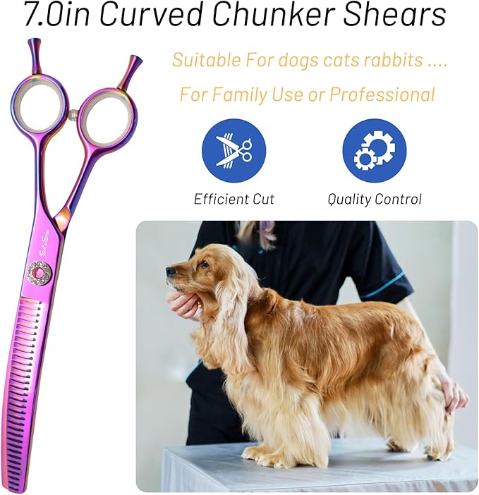 7" 33 Teeth Professional Dog Grooming Scissors, 25 Degree Curvature Pet Curved Chunker Thinning Shears, Japanese VG10 Steel Sharp, Smooth Cutting Scissors for Dogs Cats and Other Pets Face and Paws