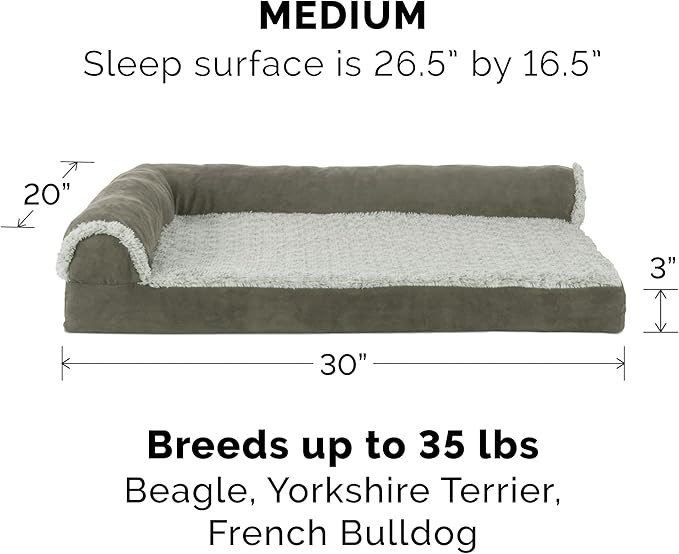 Furhaven Memory Foam Dog Bed for Medium/Small Dogs w/ Removable Bolsters & Washable Cover, For Dogs Up to 35 lbs - Two-Tone Plush Faux Fur & Suede L Shaped Chaise - Dark Sage, Medium